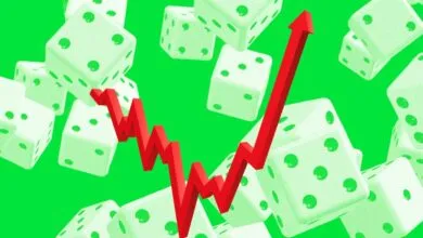 Red upward trend line over dice, symbolizing market volatility and growth.