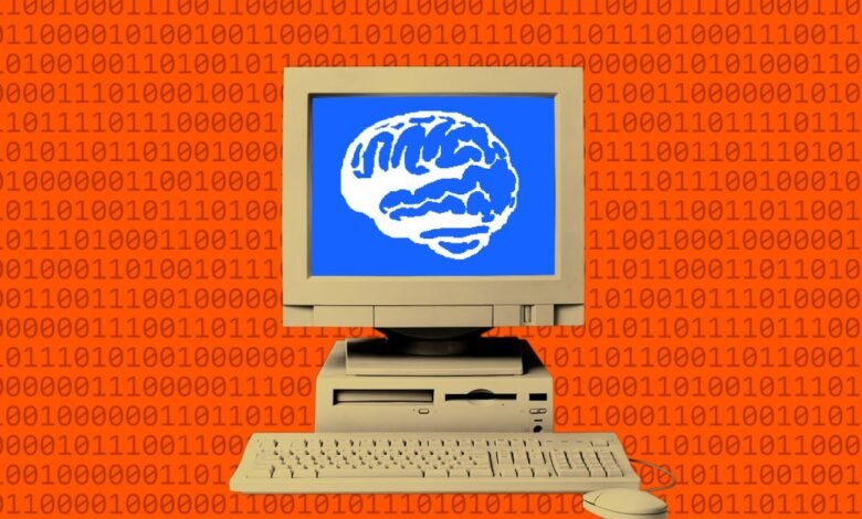 Vintage computer displays brain graphic against binary code background.