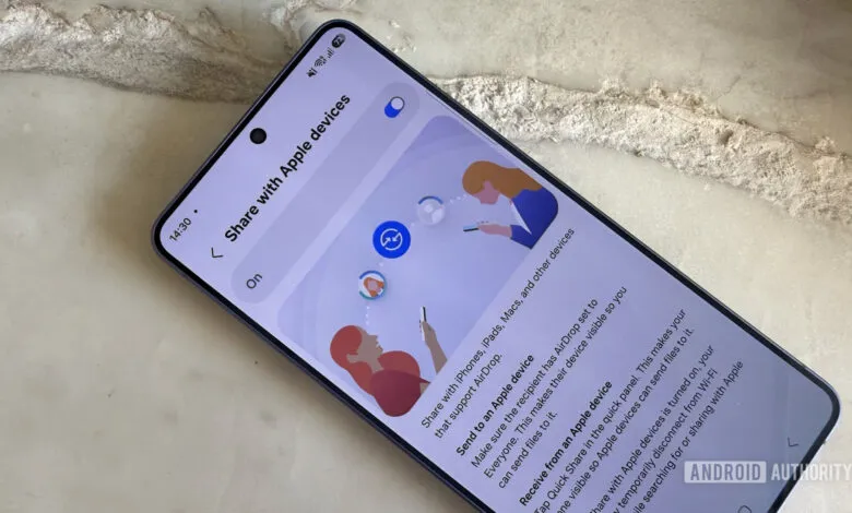 Samsung phone displaying 'Share with Apple devices' settings screen.