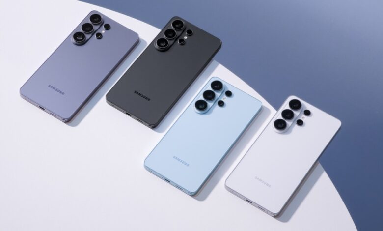 Four Samsung Galaxy phones in lavender, black, blue, and white arranged diagonally.