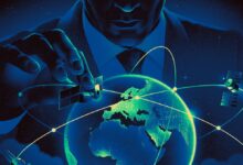 Illustration of a man controlling satellites orbiting Earth.