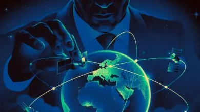 Illustration of a man controlling satellites orbiting Earth.