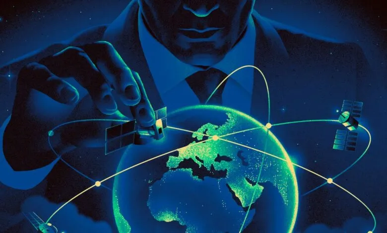 Illustration of a man controlling satellites orbiting Earth.