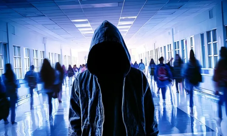 Hooded figure stands in a busy school hallway, face obscured.