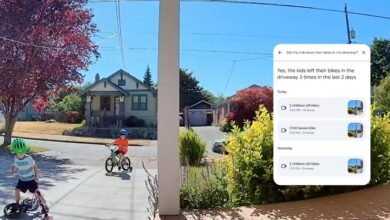 Security camera view of two kids with bikes in driveway, plus notification about bikes left.
