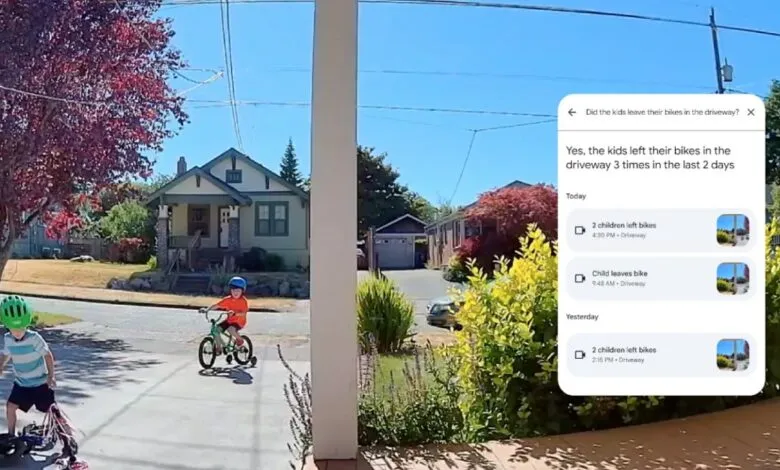 Security camera view of two kids with bikes in driveway, plus notification about bikes left.