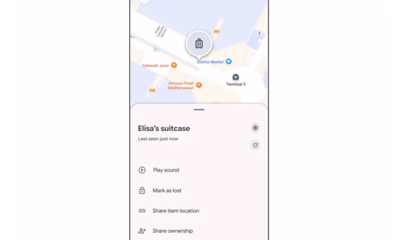 Screenshot of a phone displaying a suitcase tracker app with map and options.