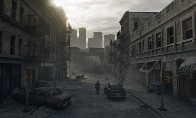Post-apocalyptic city street with damaged buildings, cars, and a lone figure walking.