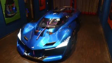 Stunning blue Alpine A290_β concept car on display in a modern showroom.