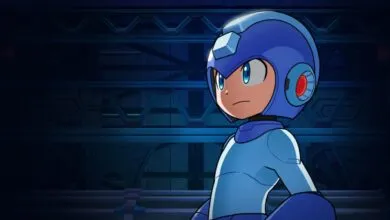 Mega Man stands determined against a dark, futuristic background.