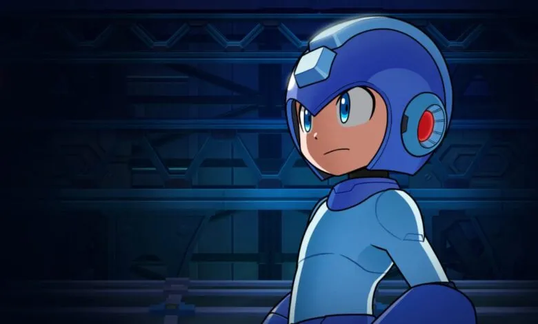 Mega Man stands determined against a dark, futuristic background.