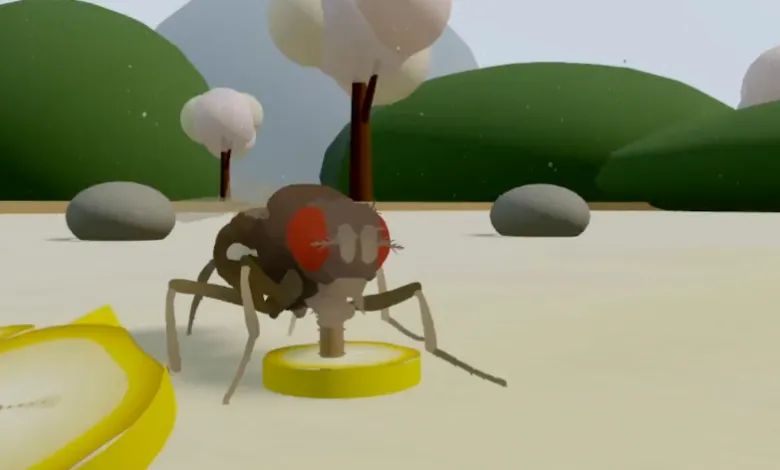 Cartoon fly on banana slice in stylized outdoor scene.