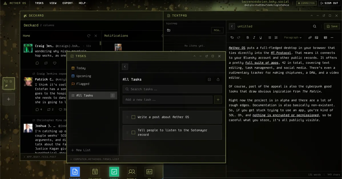 Aether OS desktop interface showing Deckard, Textpad, and Tasks windows.