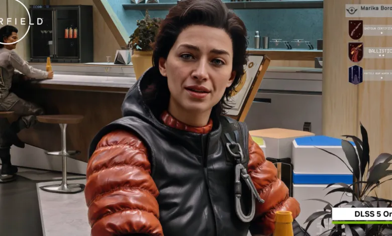 Starfield character, Marika Boros, in a futuristic bar setting.