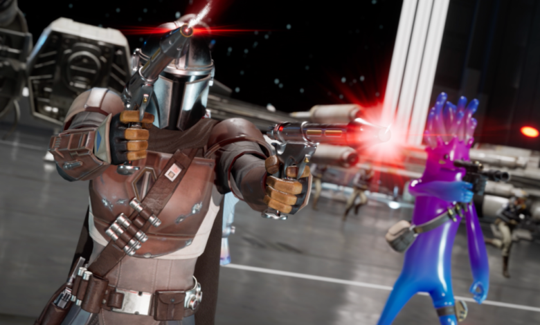 The Mandalorian and a purple alien character engage in a shootout.