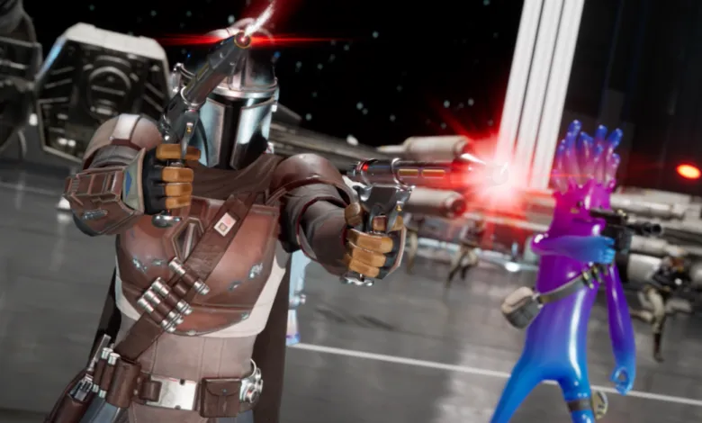 The Mandalorian and a purple alien character engage in a shootout.