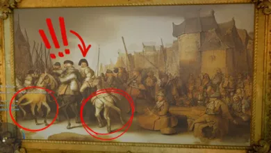 Framed painting of a historical scene with red circles highlighting details.