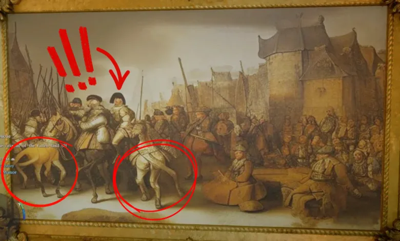 Framed painting of a historical scene with red circles highlighting details.