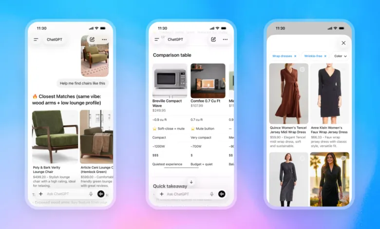 Screenshots of ChatGPT interface showing chair, microwave, and dress searches.