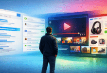 Person facing multiple screens showing social media, video, and e-commerce content.