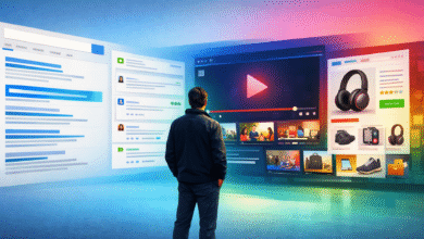 Person facing multiple screens showing social media, video, and e-commerce.