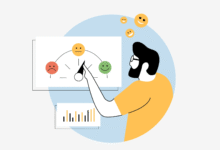 Illustration of person adjusting a sentiment analysis gauge with happy and sad faces.