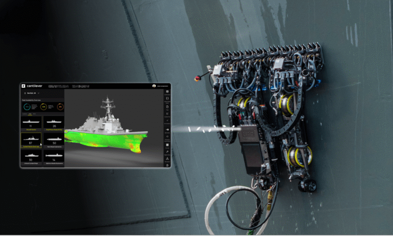 Robotic arm inspecting ship hull with Cantilever software showing ship data.
