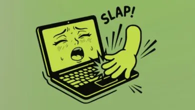 Cartoon laptop with anime face being slapped by a hand, text reads 'SLAP!'