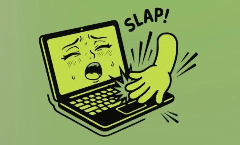 Cartoon laptop with anime face being slapped by a hand, text reads 'SLAP!'