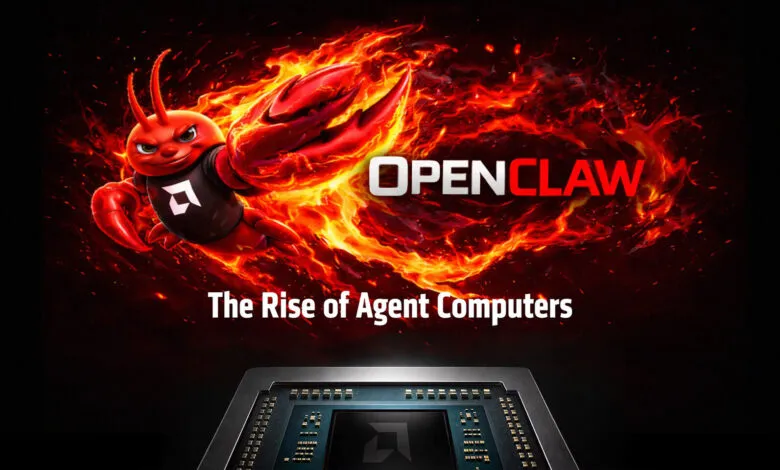 AMD OpenCLAW: Cartoon lobster with flames and CPU image.