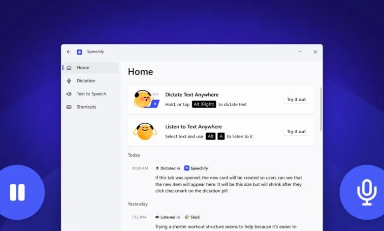 Screenshot of Speechify app interface showing dictation and text-to-speech options.