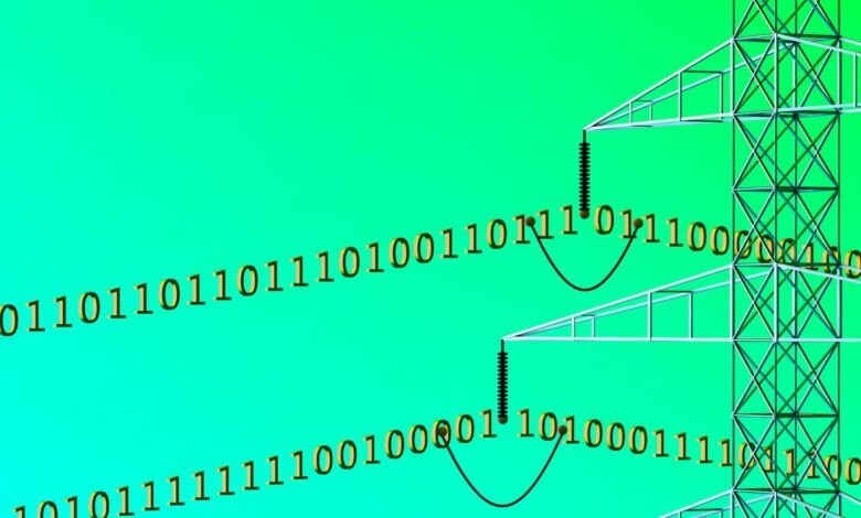 Power lines represented by binary code connected to a transmission tower.