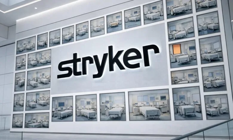 Stryker logo on wall with hospital room photos, showcasing medical equipment.