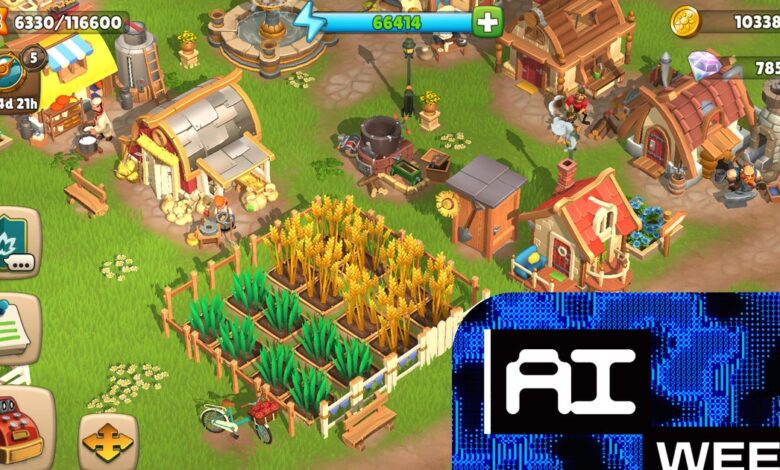 Sunrise Village game screenshot showing buildings, crops, and resources.