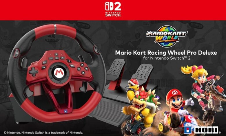 Mario Kart Racing Wheel Pro Deluxe for Nintendo Switch 2 with pedals.