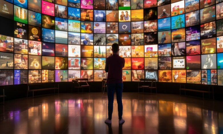 Person stands before a curved wall of screens displaying various images.