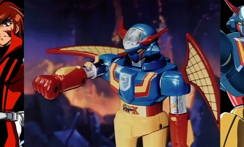 Anime characters and robot figures in a vibrant, retro style.