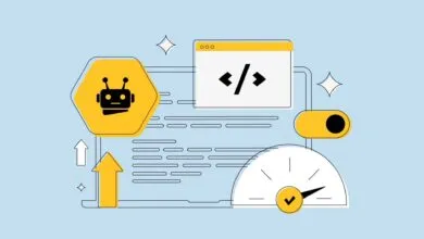 SEO optimization illustration with robot, code, speed gauge, and upward arrow.