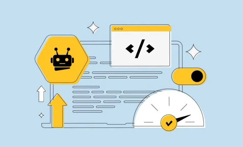 SEO optimization illustration with robot, code, speed gauge, and upward arrow.
