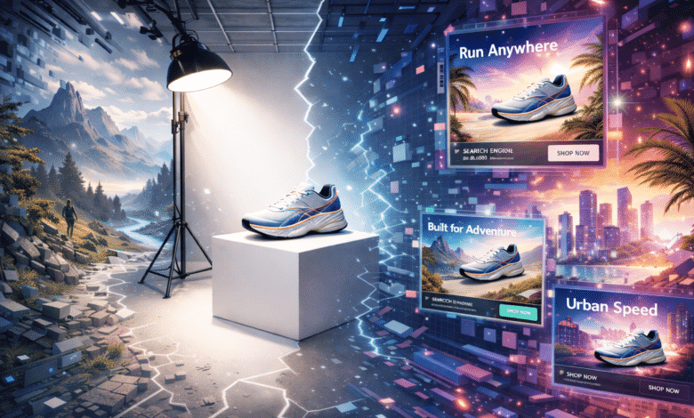 Running shoe on a pedestal with nature and city ad backdrops.
