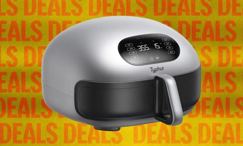 Typhur Dome 2 air fryer with digital display on a 'Deals' background.
