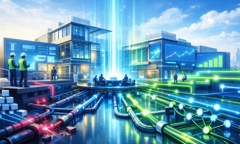 Futuristic data center with glowing pipes and engineers monitoring data streams.