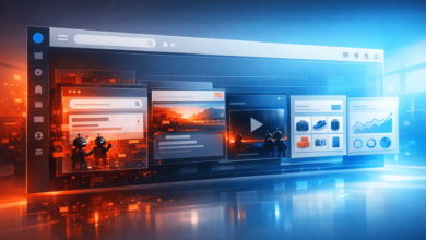 Browser windows display various content, including bots, video, and charts.