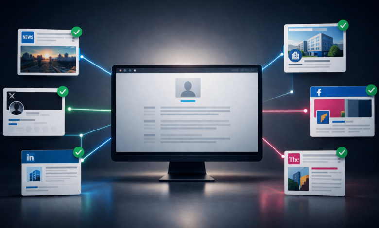 Computer screen connected to various social media and news platforms.