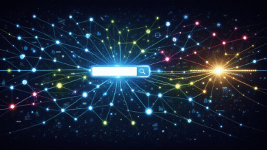 Network of colorful nodes connected to a search bar, representing data connections.