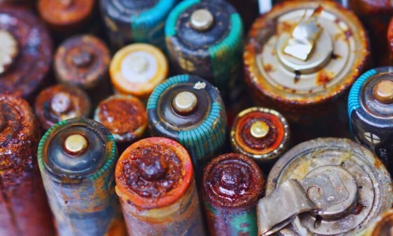 Close-up of corroded and leaking alkaline batteries.