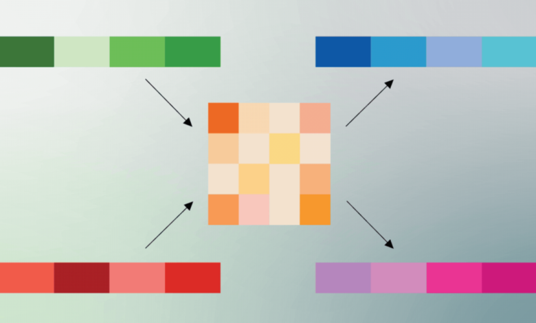 Color palette illustration with green, blue, red, and pink hues converging on a central square.