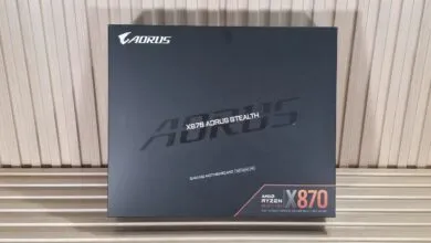 AORUS X870 Stealth motherboard box, black with red accents.