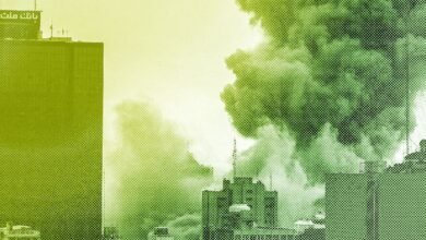 Green-toned halftone image of a city skyline with smoke or clouds.