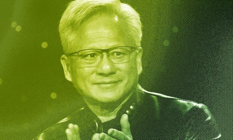 Portrait of Jensen Huang with a green halftone effect.